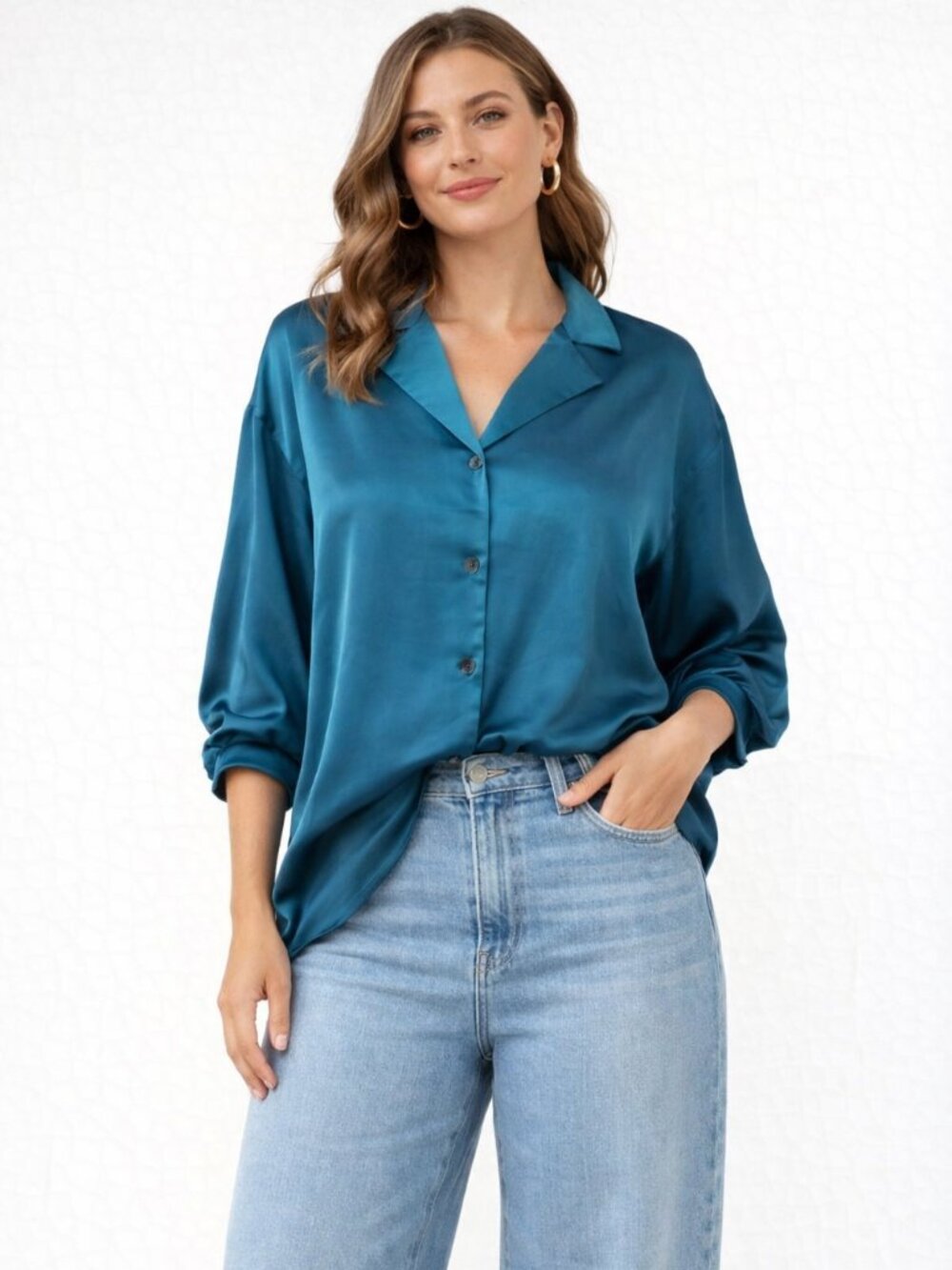 NWT Entro Teal Satin Button Front Blouse Size Multiple Size
